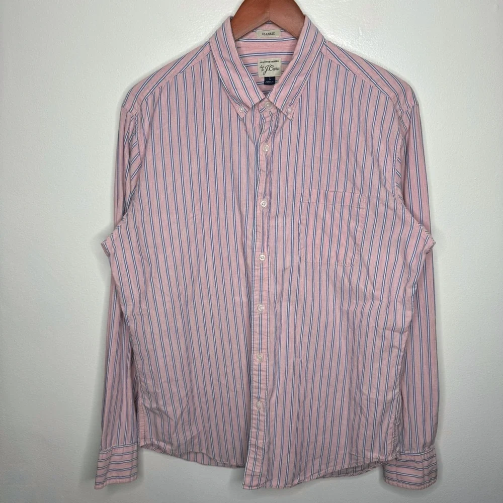 J. Crew Classic 100% Cotton Pink Striped Long Sleeve Button Down‎ Shirt Size L